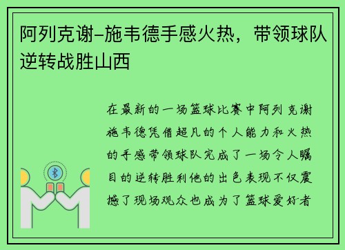 阿列克谢-施韦德手感火热，带领球队逆转战胜山西